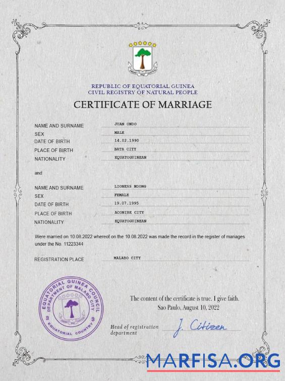 Realistic Equatorial Guinea marriage certificate PSD template